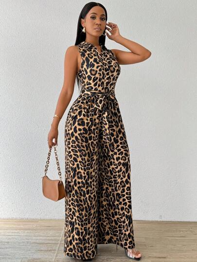 SHEIN Lady Leopard Print Sleeveless Shirt Collar Wide Leg Trousers Women's Jumpsuit Spring And Summer 2024  Elegant
