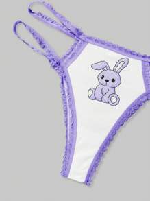 ROMWE Kawaii Cute Bunny Heart Design Contrast Trim Padded Bra Set - Purple - View 3
