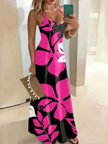 Breezaya 女式撞色花卉印花吊带连衣裙 长款女装 - 玫紅色 - 查看 1