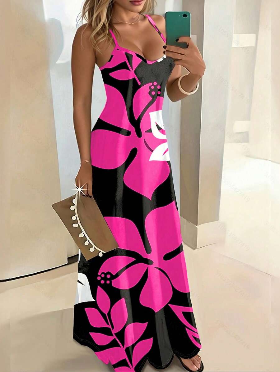 Breezaya 女式撞色花卉印花吊带连衣裙 长款女装 - 玫紅色 - 查看 1