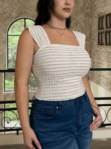 SHEIN Privé 女士加大码性感露肩夏季衬衫，杏色，法式方领，镂空蕾丝面料，荷叶边装饰 - 杏色 - 查看 11