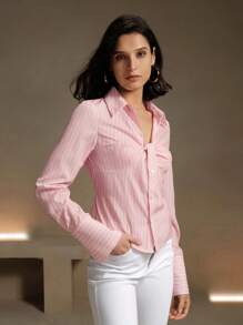 Anewsta Women Causal Striped V-Neck Ruched Bust Slim Fit Elegant Office Blouse Shirt