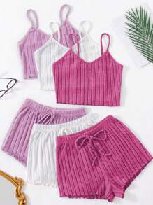 3 Sets Women's Spaghetti Strap Backless Cami Top & Drawstring Waist Shorts Pajama Set Lounge Set - Multicolor - View 1