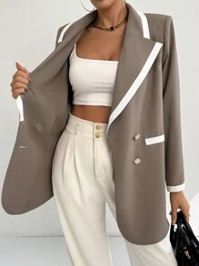 Modelyn Blazer elegante de doble botonadura de mangas largas con bloques de color para mujer, primavera otoño