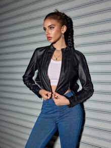 女式 PU 皮革前拉链修身夹克，时尚百搭外套，打造休闲时尚造型，秋季 - 黑色 - 查看 7