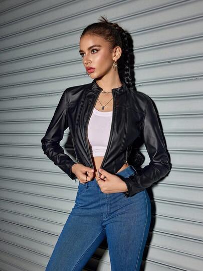 Women's PU Leather Zip Front Fitted Jacket, Fashionable Versatile Outerwear For Casual And Stylish Looks, Autumn Black