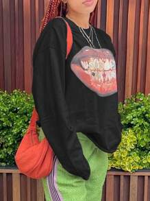 INAWLY 女士休闲唇印超大码黑色长袖 T 恤春夏季图案 T 恤女士上衣春季服装