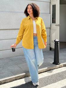 SHEIN EZwear Plus Size Women's Yellow Cardigan Jacket In Fall/Winter - Yellow - View 2