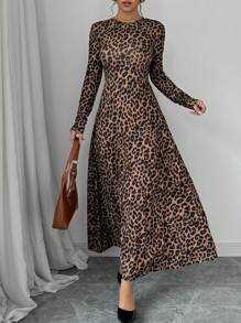 Rafferiza Vestido largo de manga larga con estampado de leopardo para uso diario minimalista de las mujeres, vestido maxi de otoño para outfit de mujer - Marrón - Ver 3