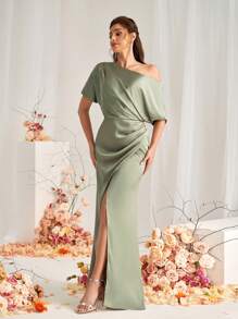 SHEIN Belle Elegant Green Satin Fabric Asymmetric Neck Micro Mermaid Hem Overlap Slits Wedding Event Formal Bridesmaid Dresses - Green - View 4