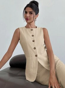 SHEIN Privé Women's Summer Casual Elegant Resort Linen Button Decorated Vest And High Waisted Skirt 2pcs Set - Apricot - View 7