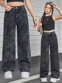 SHEIN Explorewe Teen Girl Y2K Casual Vintage Street Distressed Flared Jeans - Black - View 1