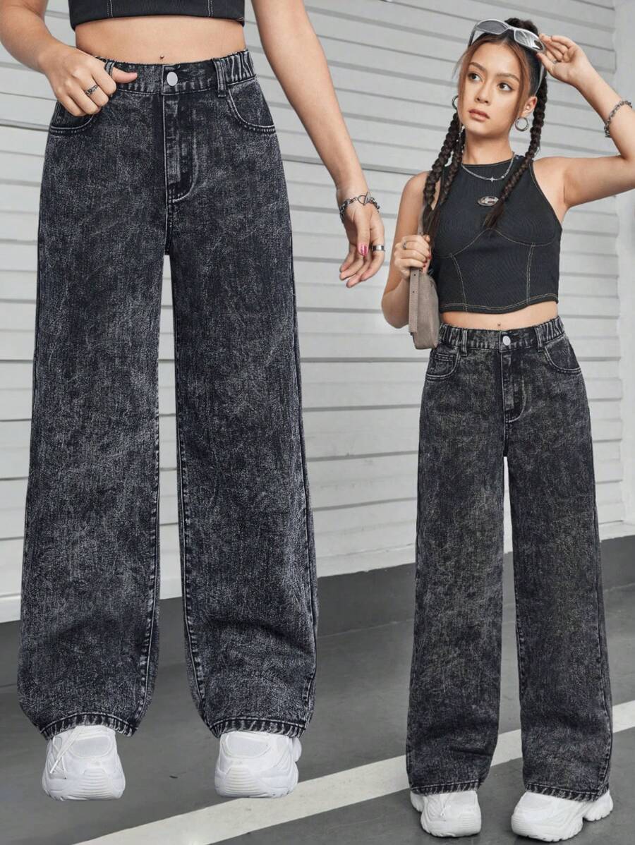 SHEIN Explorewe Teen Girl Y2K Casual Vintage Street Distressed Flared Jeans - Black - View 1