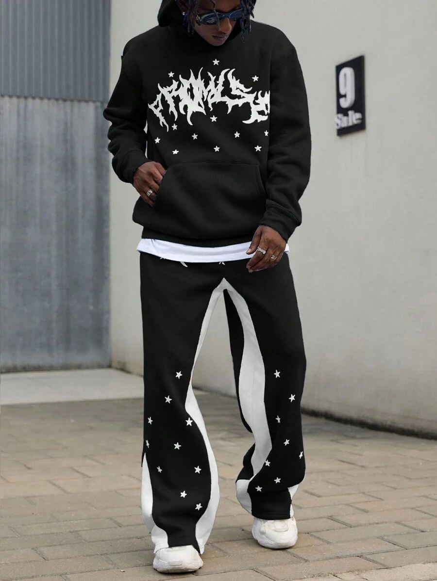 Manfinity Roghcode Men's Printed Hooded Sweatshirt And Contrast Pentagon Star Pants 2-Piece Set, Men 2 Piece Set Sweats, Men 2 Piece Set Black And White, Hip Hop Clothes, Manfinity Hoodie And Pants - Black - View 1