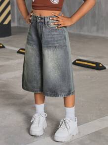 SHEIN SLAYR KIDS 青少年女孩 Y2K 2000 年代复古水洗宽松休闲牛仔阔腿及膝牛仔裤短裤，女孩秋季服装返校街头服饰