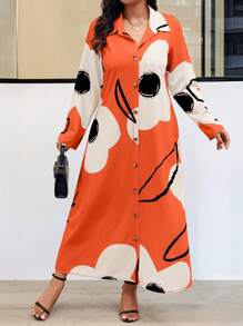 EMERY ROSE Plus Size Allover Random Print Long Sleeve Loose Casual Chic Dress Maxi Women Outfit Fall Cloth For Women - Orange - View 6