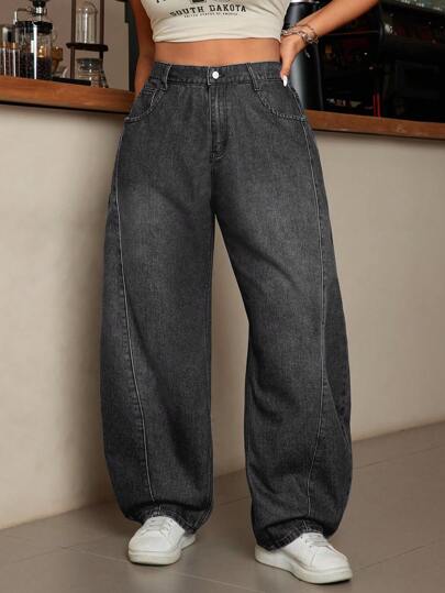 SHEIN ICON 大码女式宽松口袋喇叭休闲百搭牛仔裤