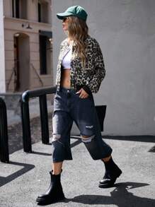 Aveloria Affinna Retro American Casual Leopard Floral Pocket Design Bomber Jacket - Multicolor - View 4