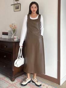 DAZY 女士无袖纯色连衣裙，简约休闲 - 棕色 - 查看 7