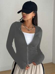 DAZY 女士修身连帽开衫 T 恤 - 灰色 - 查看 3