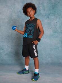 SHEIN Tween Boy Knitted Printed Vest With Slanted Pockets And Drawstring Shorts Sports Two-Piece Set - Black - View 6