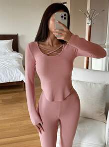 DAZY 交叉领设计修身家居服套装睡衣