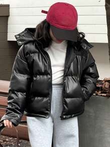 Dazy Kids Abrigo acolchado de unicolor para niñas, chaqueta de cuero para ropa de otoño de niña preadolescente - Negro - Ver 6