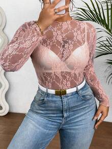 Celure Blusa de manga larga semitransparente con encaje para mujer de talla grande - Rosa vieja - Ver 6