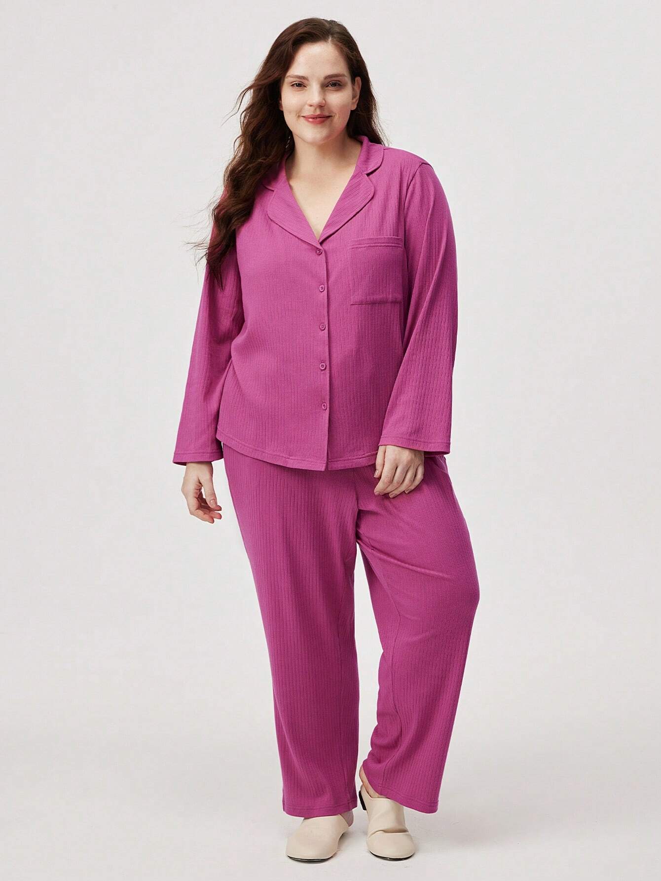 Ensemble de pyjama et de détente en coton côtelé confortable, classique et basique pour femmes, pour l'automne et l'hiver