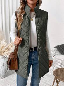 SHEIN Clasi Plus Size Casual Solid Color Zip-Up Quilted Padded Vest Coat, Autumn/Winter - Dark Green - View 7