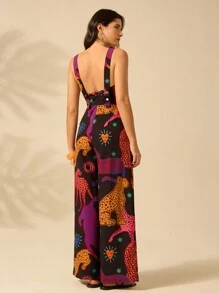 CAJUNI Phụ Nữ Kỳ Nghỉ Cổ Chữ V Nhiệt Đới Colorfal Da Báo Không Tay Đen Thẳng Thường Ngày Mùa Hè Rời Jumpsuit - Nhiều màu - Xem 8