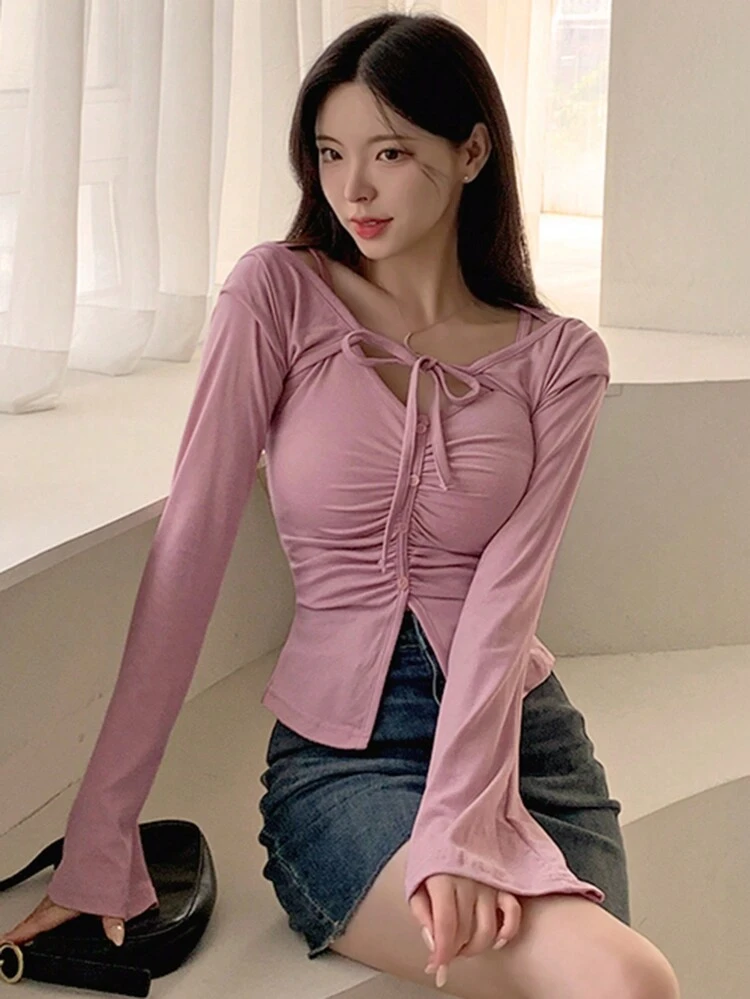 2pcs Women's Casual Ruched Camisole And Shrug Set, Spring And Summer