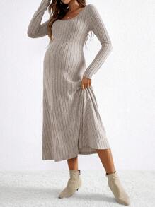 SHEIN 孕妇纯色圆领罗纹针织长袖连衣裙 - 卡其色 - 查看 3