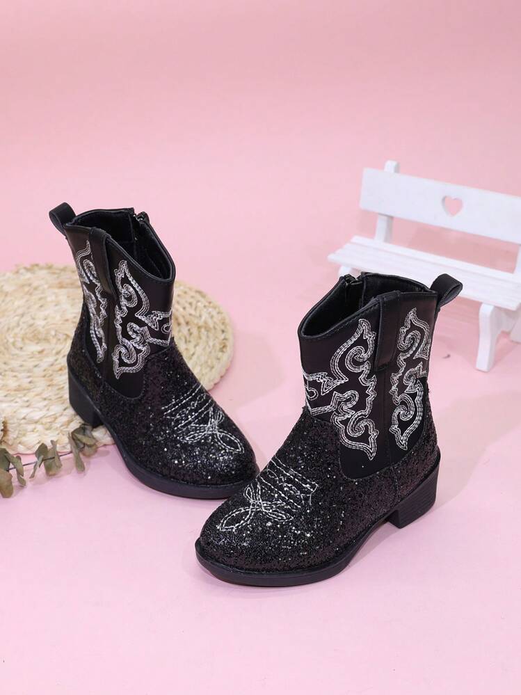 Children Boots, Girls High Shaft Boots & Mid Calf Boots, Embroidered High Heel, Western Cowgirl Ankle Boots, Pointed Toe Zipper - Black - View 1