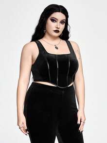 ROMWE Goth 大码万圣节复古优雅天鹅绒无袖背心 - 黑色 - 查看 5