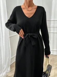 EURMUSE Váy len dài vừa phải cổ chữ V bằng cotton có thắt lưng dành cho nữ - màu đen - Xem 6