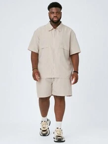 Manfinity VCAY 2 件大码男士休闲梭织修身短袖衬衫和松紧腰短裤套装 - 杏色 - 查看 5