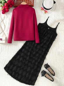 2 件青少年女孩春秋纯色立领长袖上衣和流苏吊带连衣裙两件套 - 黑色 - 查看 2