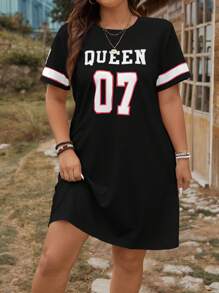 SHEIN LUNE Plus Size Women's Summer Letter Print Crew Neck Short Sleeve Casual T-Shirt Dress