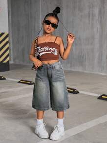 SHEIN SLAYR KIDS 青少年女孩 Y2K 2000 年代复古水洗宽松休闲牛仔阔腿及膝牛仔裤短裤，女孩秋季服装返校街头服饰