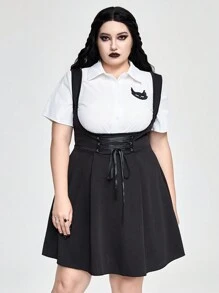ROMWE Academia Plus Size Cat Embroidery Patchwork Shirt Dress, 2-Piece Look - Black and White - View 5
