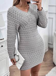 SHEIN LUNE Váy len dệt kim dáng rộng thông thường mới, thời trang & đa năng, phong cách Âu Mỹ - Xám - Xem 3