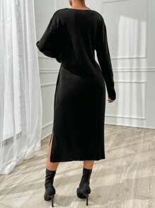 EURMUSE Váy len dài vừa phải cổ chữ V bằng cotton có thắt lưng dành cho nữ - màu đen - Xem 2