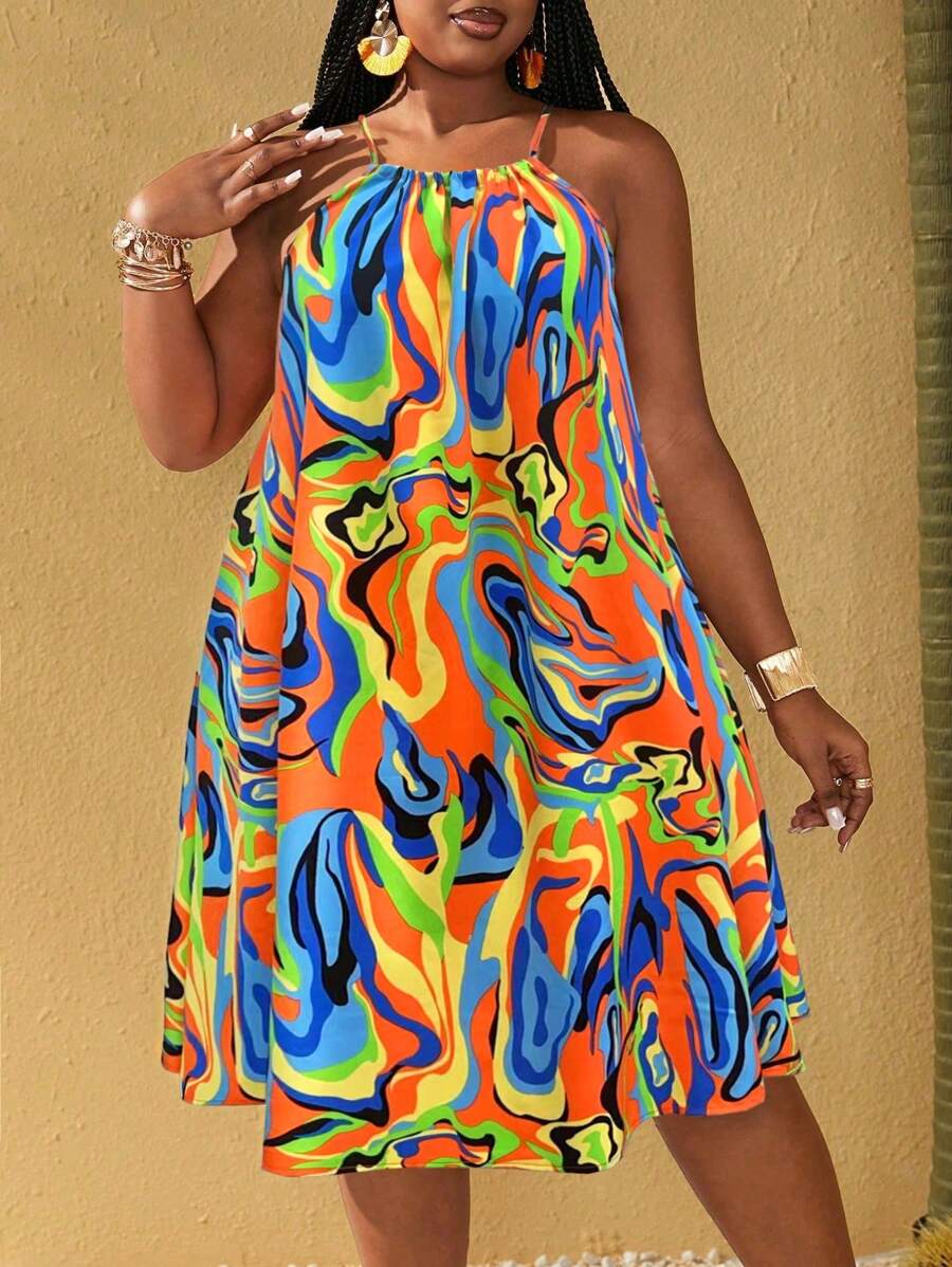 Maweii 大码女士性感热带花卉印花吊带长裙，无袖A字条纹款，多种颜色可选，适合度假、假日、休闲度假 - 彩色 - 查看 1