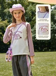 SHEIN Langarm Mädchen T-Shirt im Outdoor Freizeitstil für den Herbst, Kontrasfarbige Blockdesign Camping Musterung, bequemer, atmungsaktiver, weicher Stoff, geeignet für Outdoor-Aktivitäten, Camping, Stadtbummel - Verschiedenfarbig - Übersicht 3