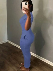 SHEIN Plus Size Women's Summer Solid Color Round Neck Short Sleeve Fitted Pocket Casual Dress - Dusty Blue - View 2