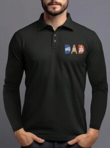 Calvornis Men's Long Sleeve Letter Print Polo Collar Commuter Shirt, Spring Autumn - Black - View 1