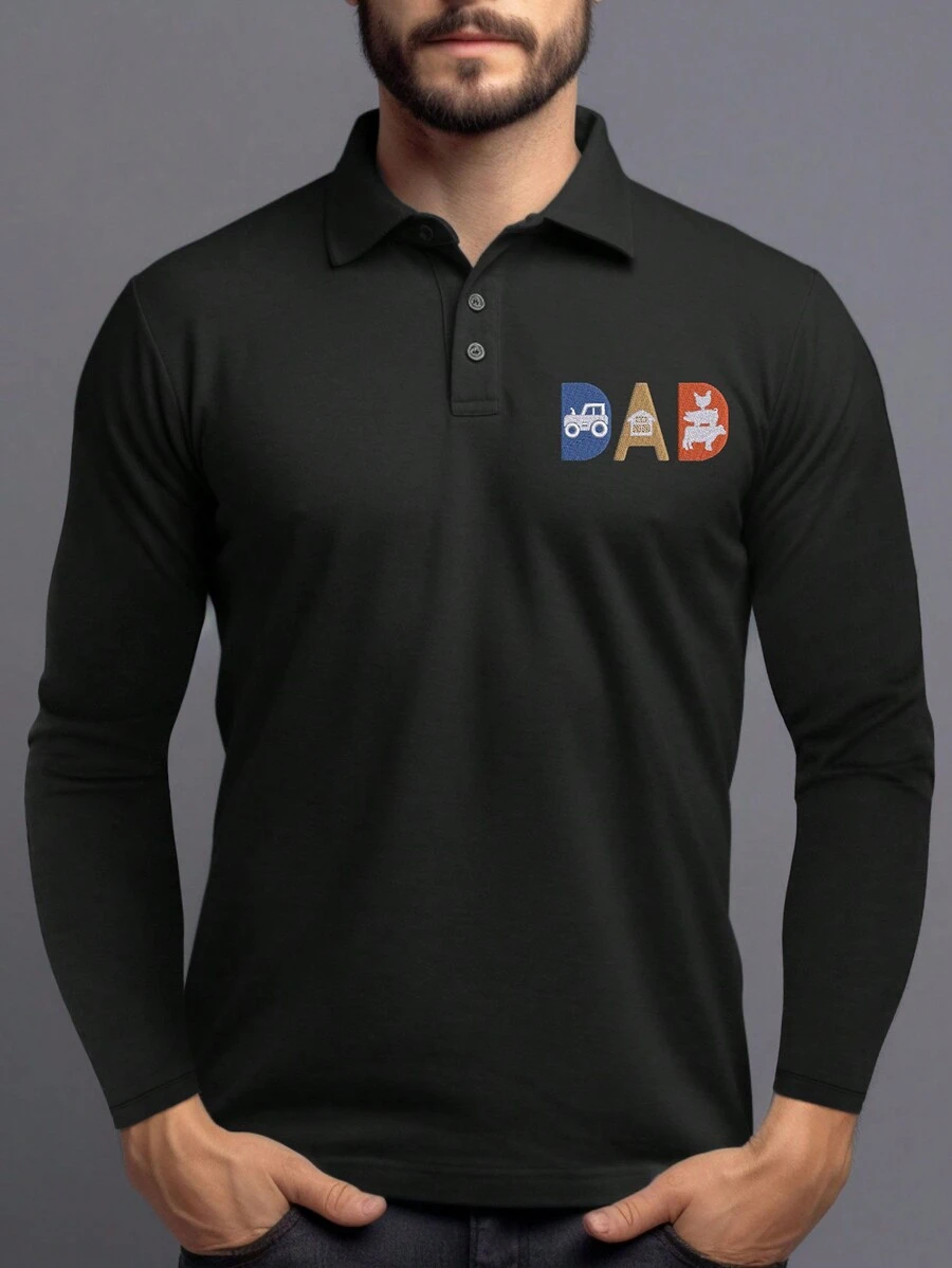 Calvornis Men's Long Sleeve Letter Print Polo Collar Commuter Shirt, Spring Autumn - Black - View 1