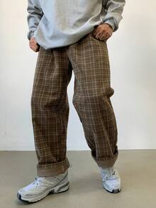 DAZY 男士格纹印花简约休闲裤，秋季灯芯绒 - 棕色 - 查看 4