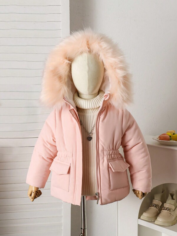 Manteau matelassé à capuche en fourrure, avec poches, à manches longues, fermeture éclair, couleur unie, élégant et simple, pour jeunes filles